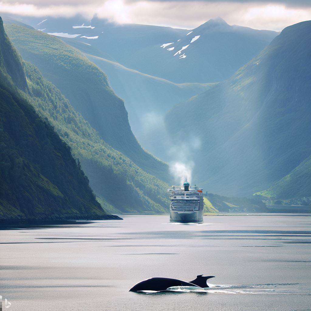Norwegischer Fjord mit Wal und Kreuzfahrtschiff